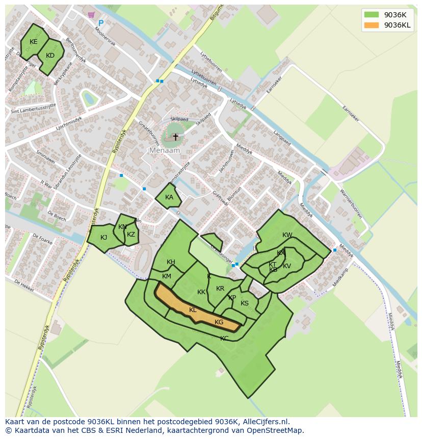 Afbeelding van het postcodegebied 9036 KL op de kaart.