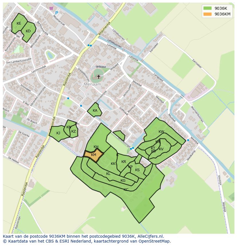 Afbeelding van het postcodegebied 9036 KM op de kaart.