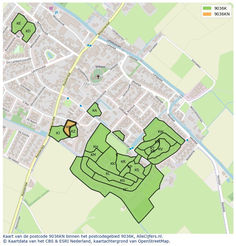 Afbeelding van het postcodegebied 9036 KN op de kaart.