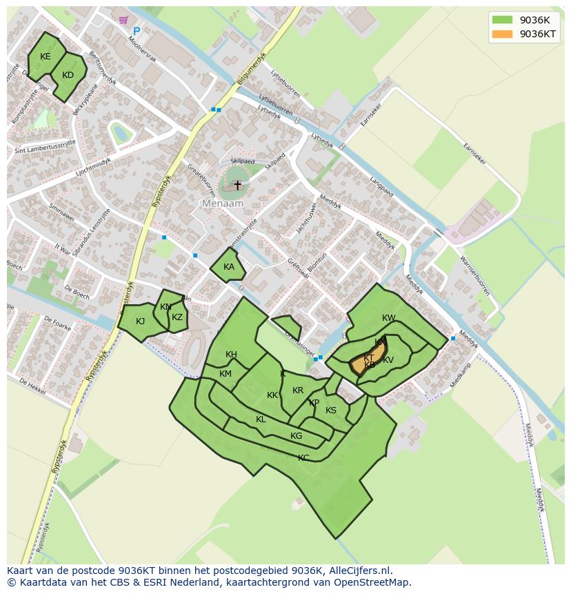 Afbeelding van het postcodegebied 9036 KT op de kaart.