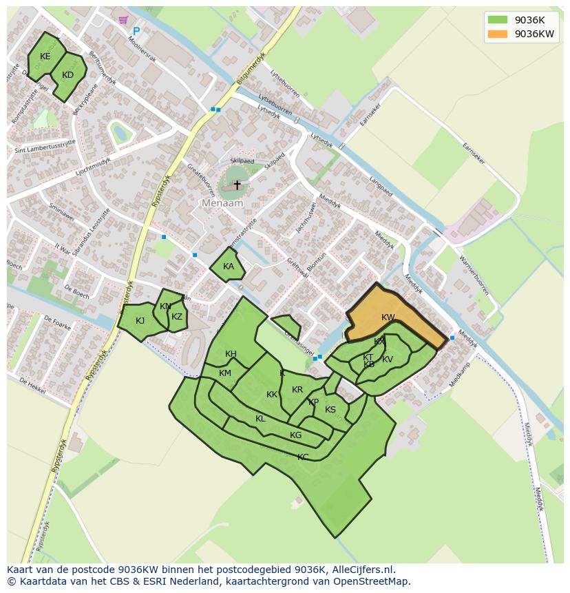 Afbeelding van het postcodegebied 9036 KW op de kaart.