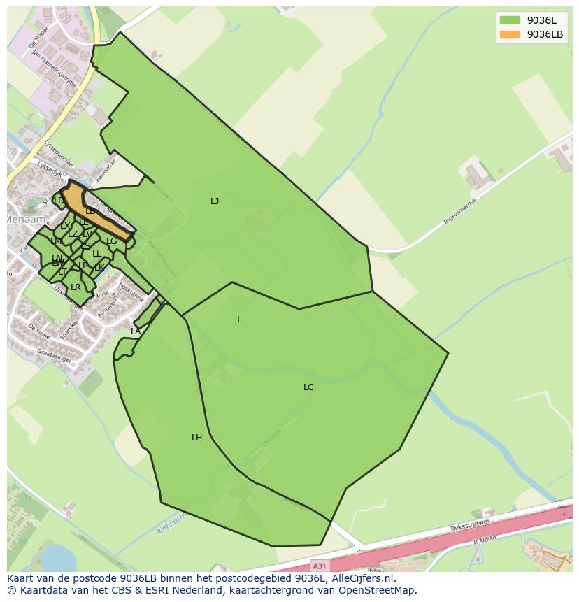 Afbeelding van het postcodegebied 9036 LB op de kaart.