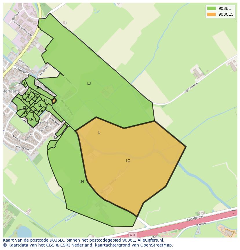 Afbeelding van het postcodegebied 9036 LC op de kaart.
