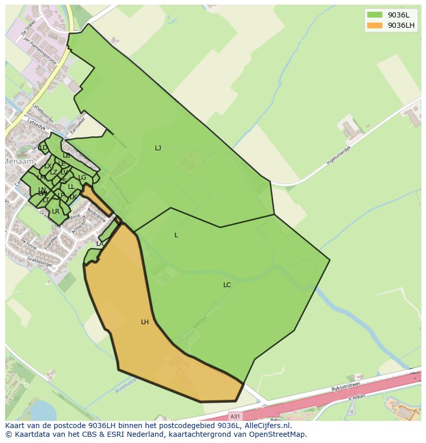 Afbeelding van het postcodegebied 9036 LH op de kaart.