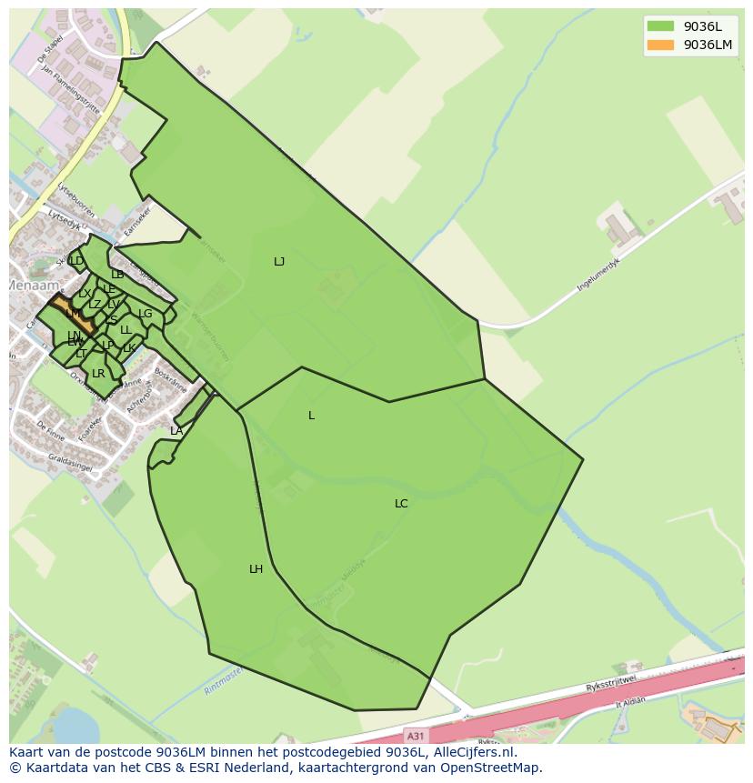 Afbeelding van het postcodegebied 9036 LM op de kaart.