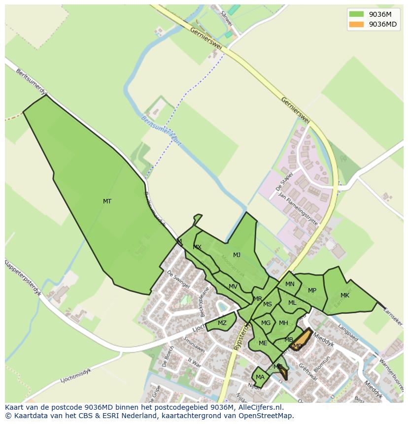 Afbeelding van het postcodegebied 9036 MD op de kaart.