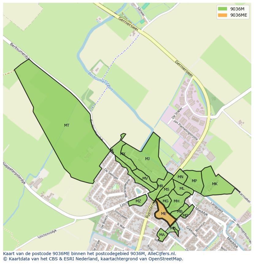 Afbeelding van het postcodegebied 9036 ME op de kaart.