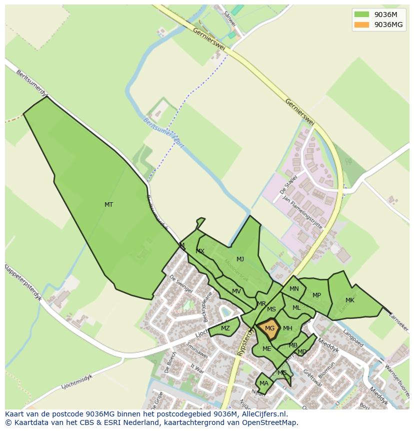 Afbeelding van het postcodegebied 9036 MG op de kaart.