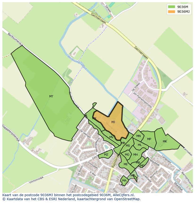 Afbeelding van het postcodegebied 9036 MJ op de kaart.