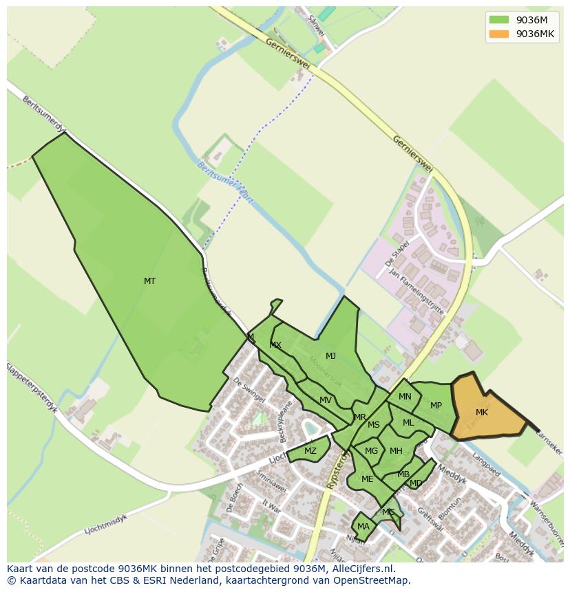 Afbeelding van het postcodegebied 9036 MK op de kaart.