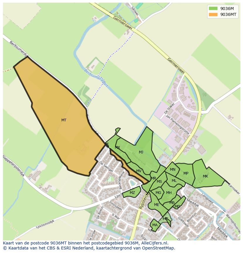Afbeelding van het postcodegebied 9036 MT op de kaart.