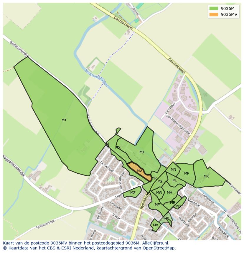 Afbeelding van het postcodegebied 9036 MV op de kaart.