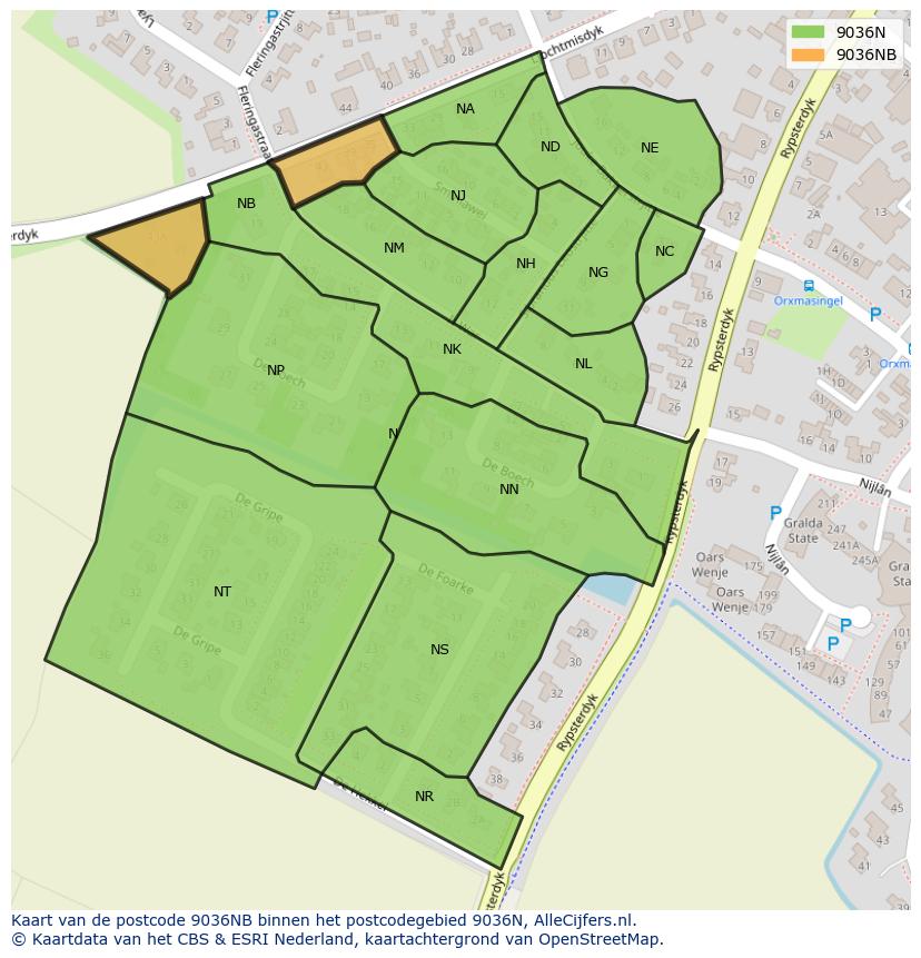 Afbeelding van het postcodegebied 9036 NB op de kaart.