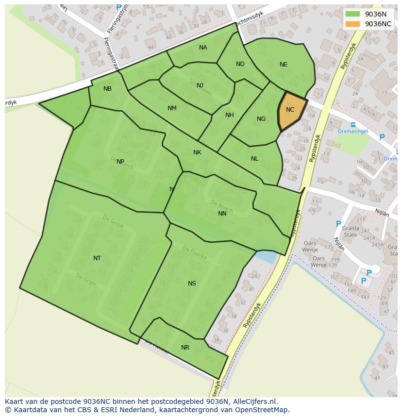 Afbeelding van het postcodegebied 9036 NC op de kaart.