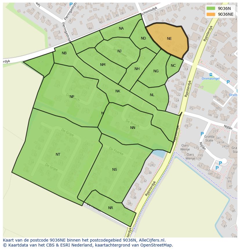 Afbeelding van het postcodegebied 9036 NE op de kaart.