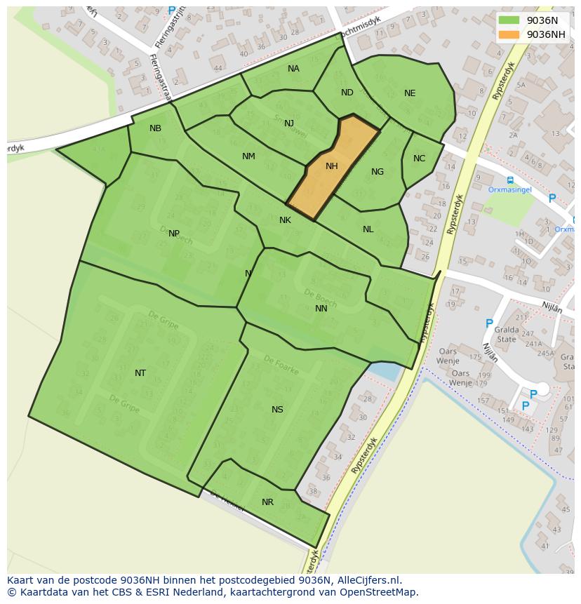 Afbeelding van het postcodegebied 9036 NH op de kaart.