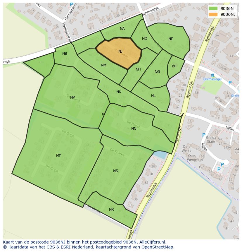 Afbeelding van het postcodegebied 9036 NJ op de kaart.