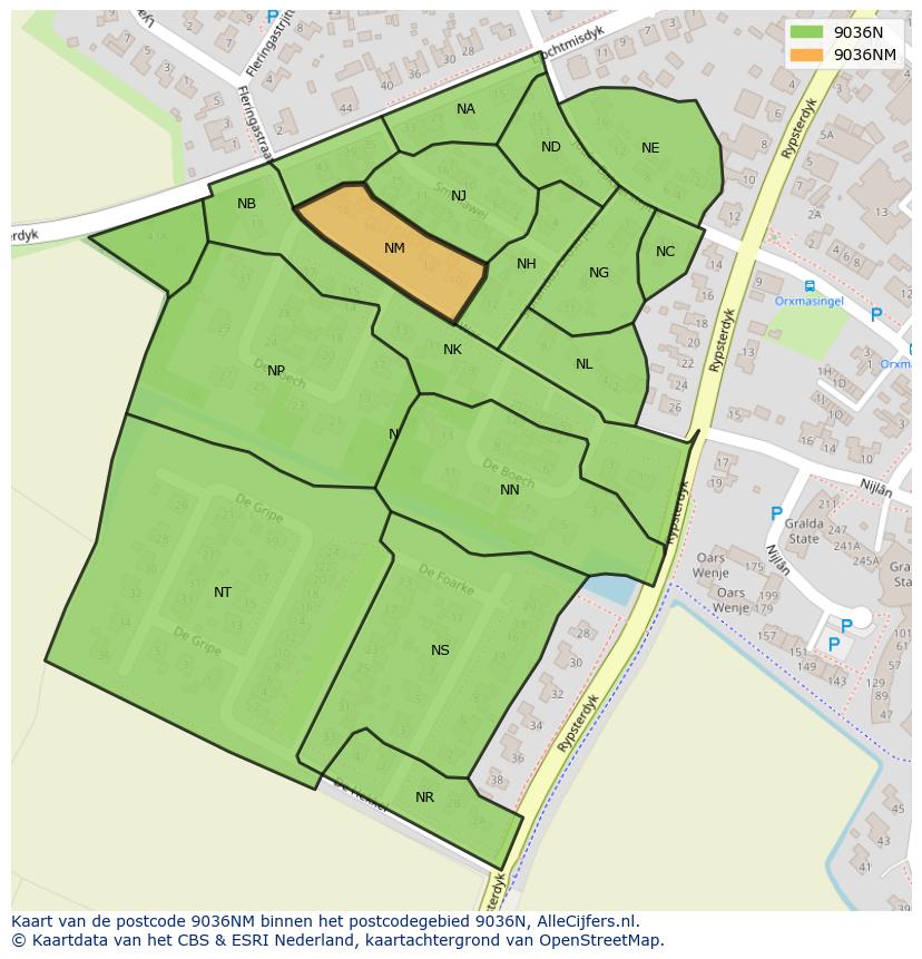 Afbeelding van het postcodegebied 9036 NM op de kaart.