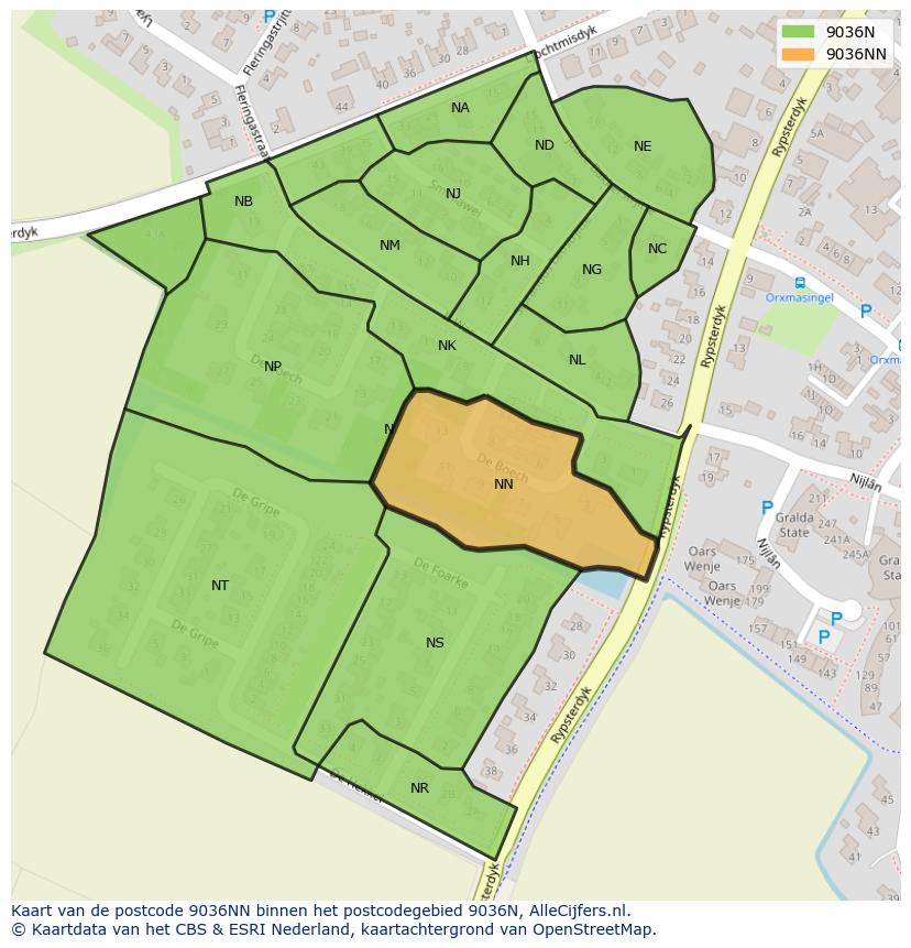 Afbeelding van het postcodegebied 9036 NN op de kaart.