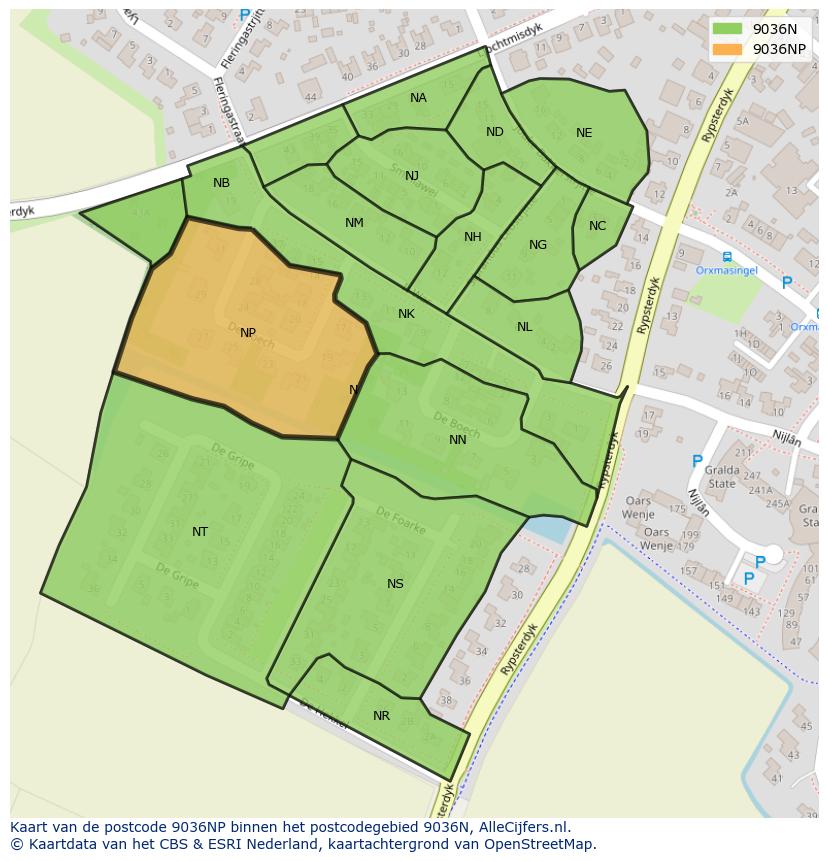 Afbeelding van het postcodegebied 9036 NP op de kaart.