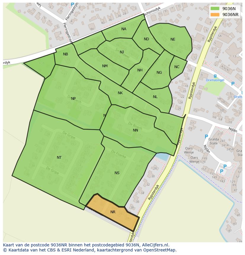 Afbeelding van het postcodegebied 9036 NR op de kaart.