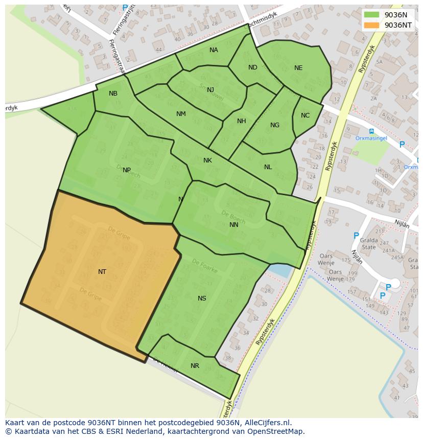 Afbeelding van het postcodegebied 9036 NT op de kaart.