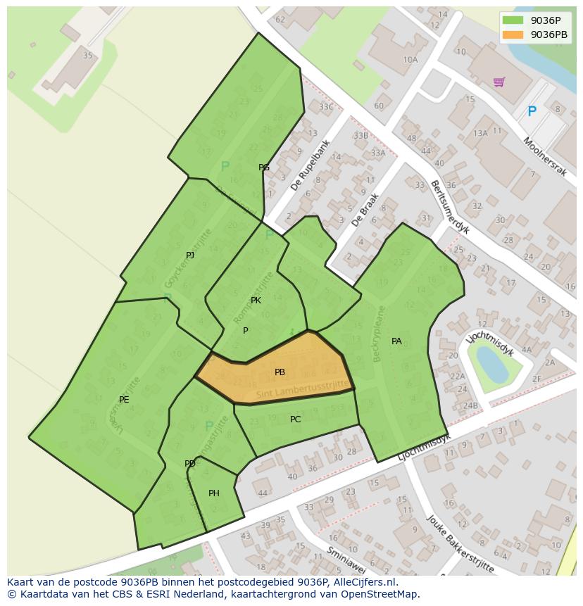 Afbeelding van het postcodegebied 9036 PB op de kaart.