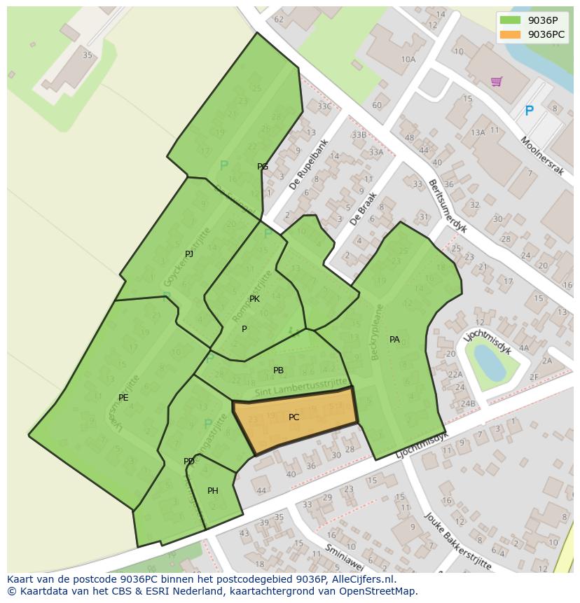 Afbeelding van het postcodegebied 9036 PC op de kaart.