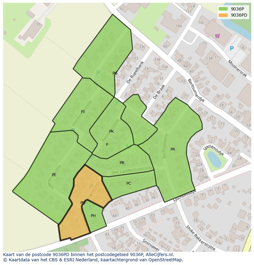 Afbeelding van het postcodegebied 9036 PD op de kaart.