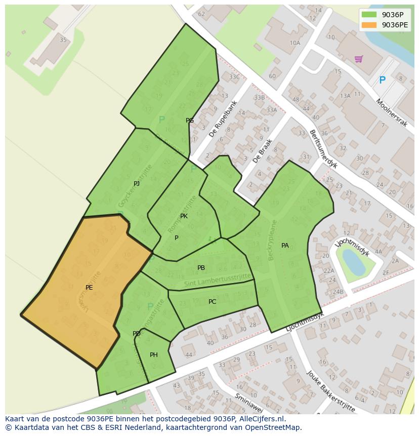 Afbeelding van het postcodegebied 9036 PE op de kaart.