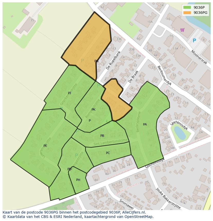 Afbeelding van het postcodegebied 9036 PG op de kaart.
