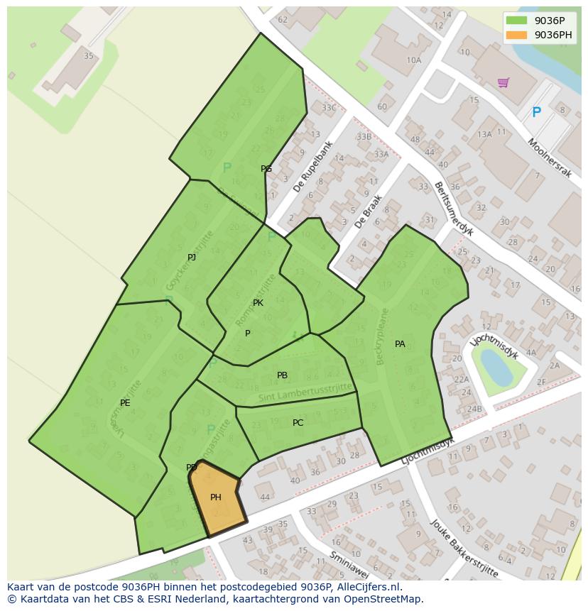 Afbeelding van het postcodegebied 9036 PH op de kaart.