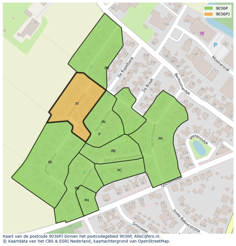 Afbeelding van het postcodegebied 9036 PJ op de kaart.