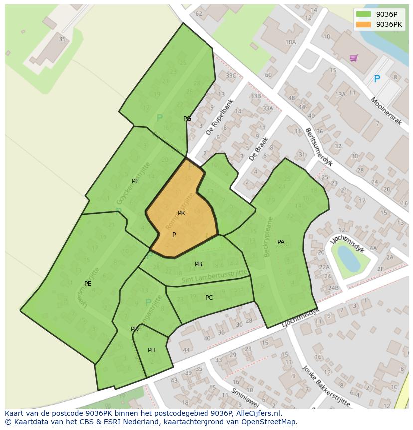 Afbeelding van het postcodegebied 9036 PK op de kaart.