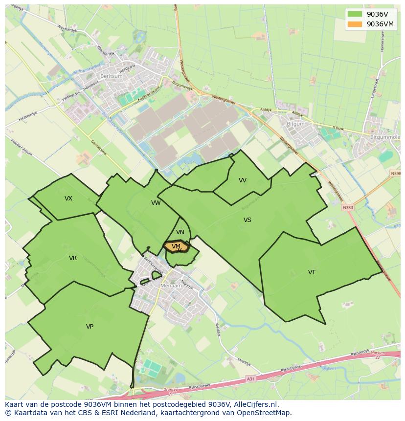 Afbeelding van het postcodegebied 9036 VM op de kaart.