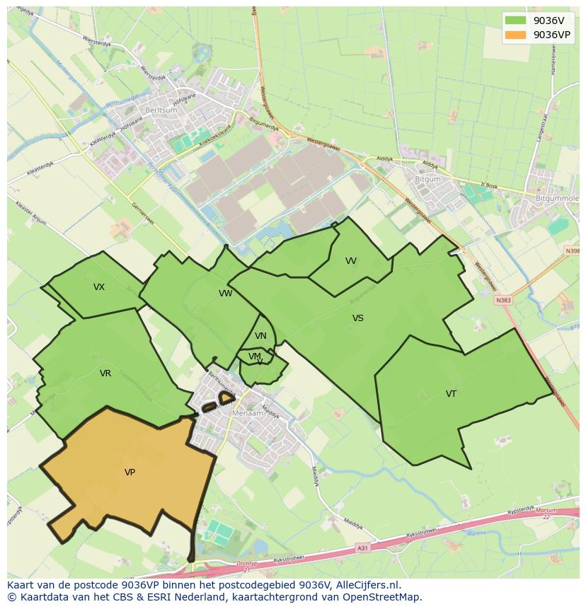 Afbeelding van het postcodegebied 9036 VP op de kaart.