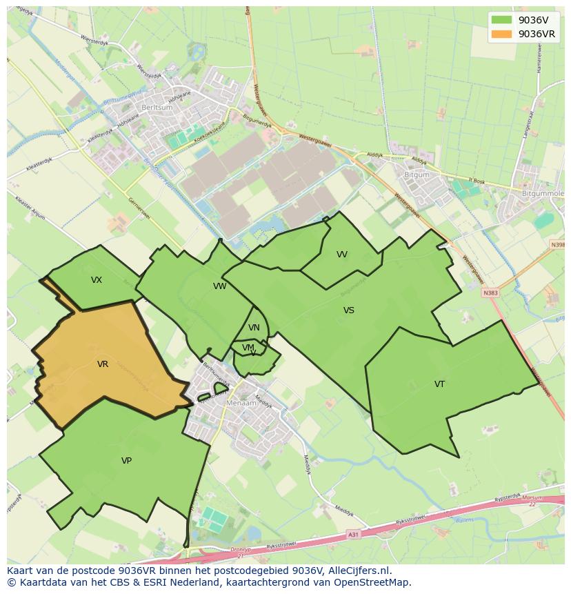 Afbeelding van het postcodegebied 9036 VR op de kaart.