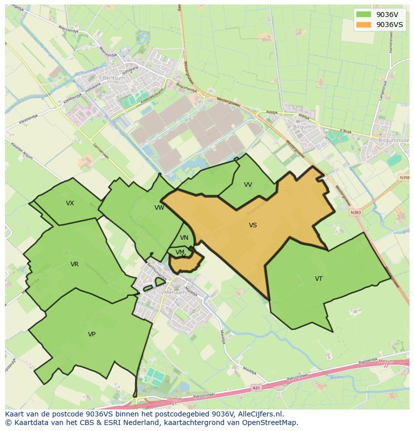 Afbeelding van het postcodegebied 9036 VS op de kaart.