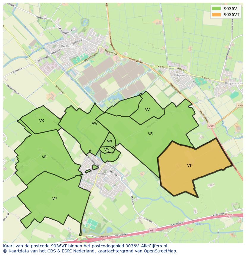 Afbeelding van het postcodegebied 9036 VT op de kaart.