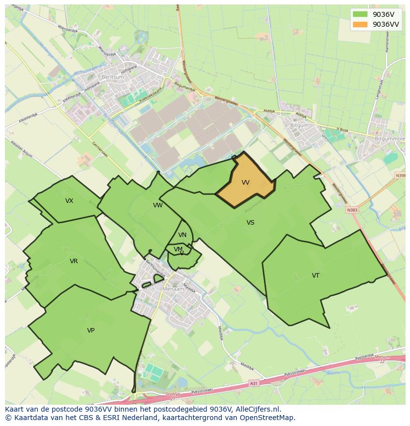 Afbeelding van het postcodegebied 9036 VV op de kaart.