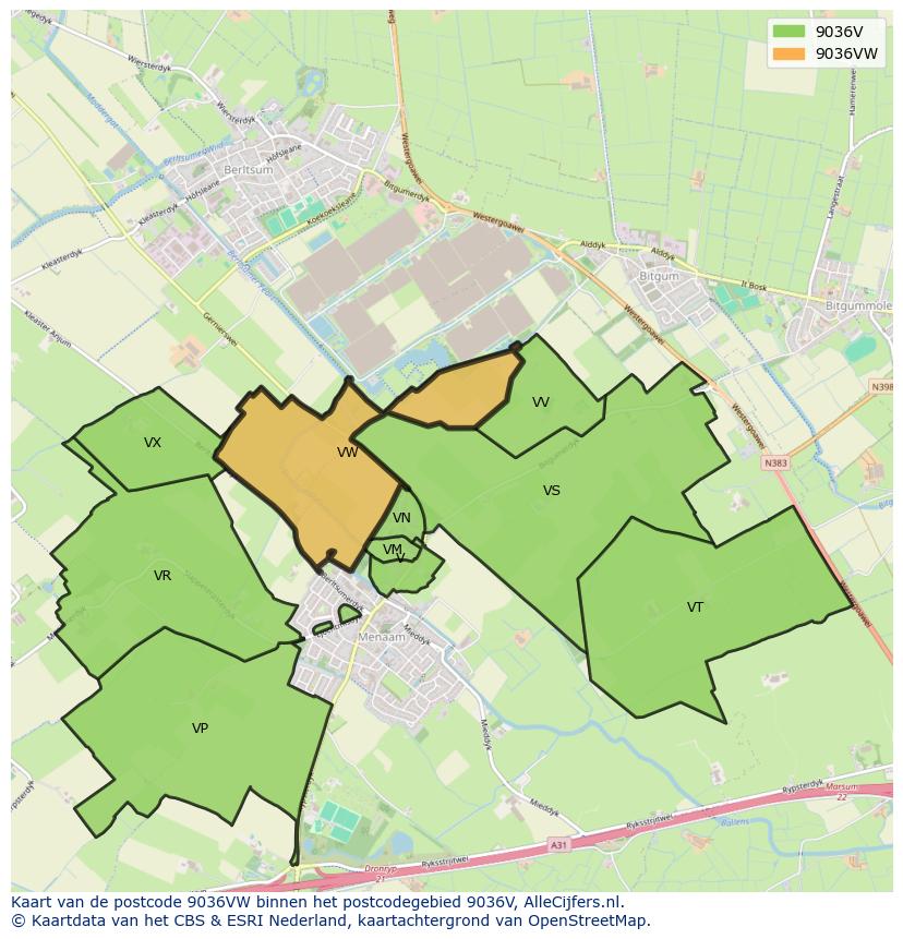 Afbeelding van het postcodegebied 9036 VW op de kaart.