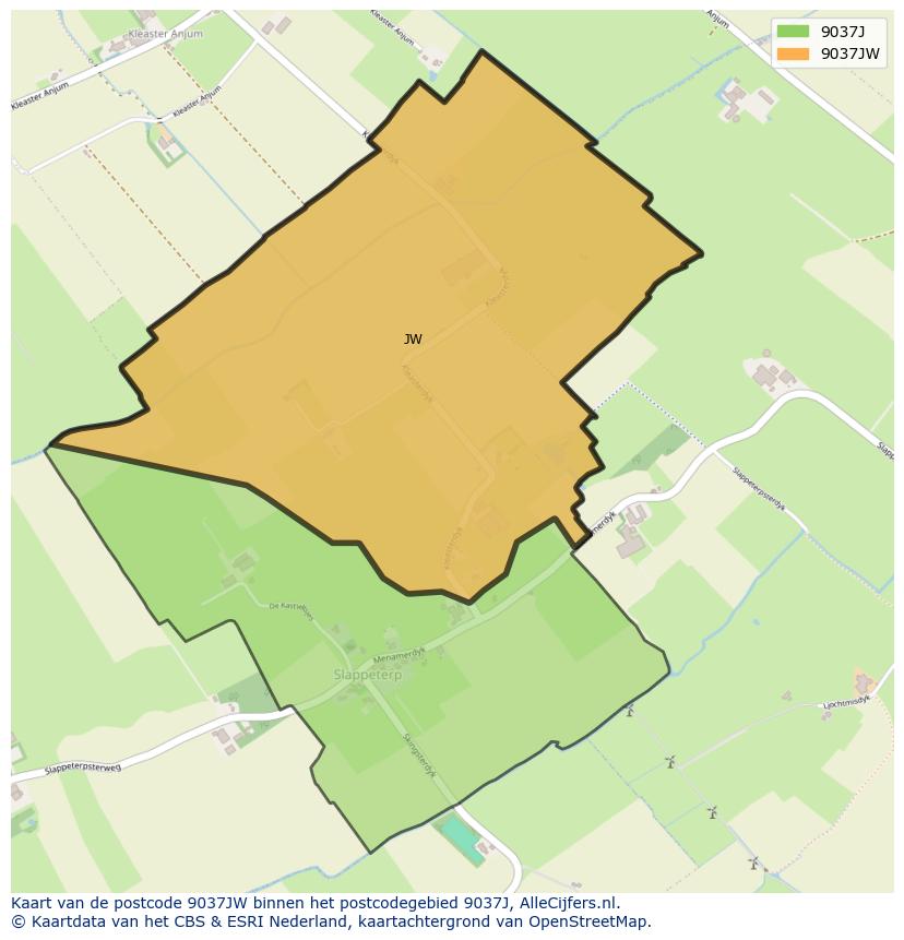 Afbeelding van het postcodegebied 9037 JW op de kaart.