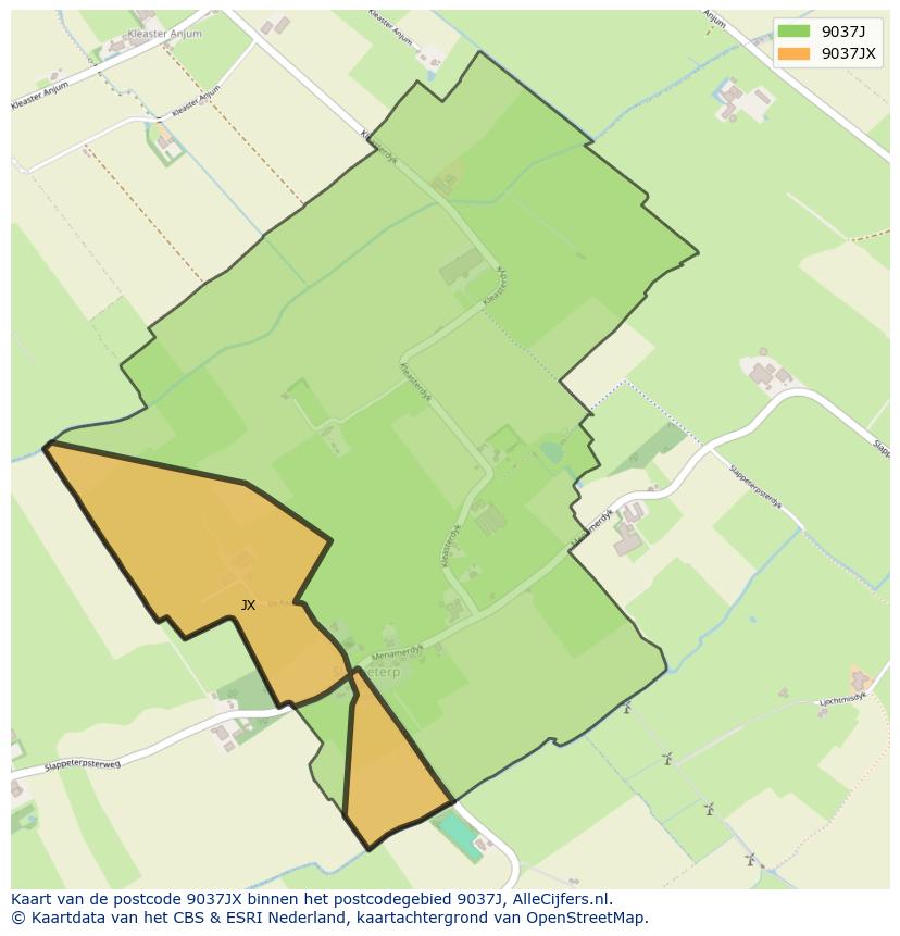 Afbeelding van het postcodegebied 9037 JX op de kaart.
