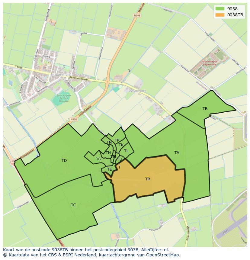 Afbeelding van het postcodegebied 9038 TB op de kaart.