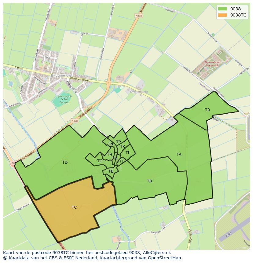 Afbeelding van het postcodegebied 9038 TC op de kaart.