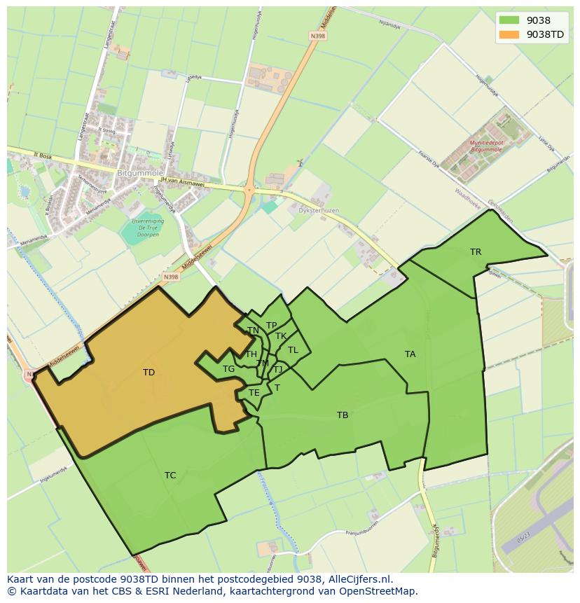Afbeelding van het postcodegebied 9038 TD op de kaart.