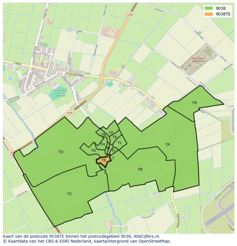 Afbeelding van het postcodegebied 9038 TE op de kaart.