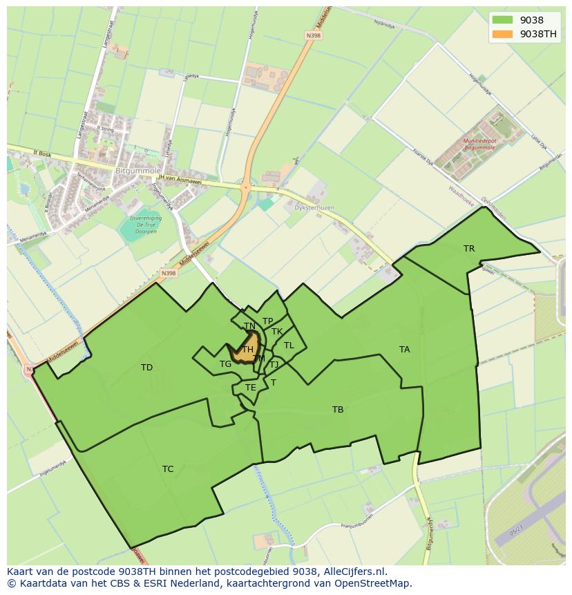Afbeelding van het postcodegebied 9038 TH op de kaart.