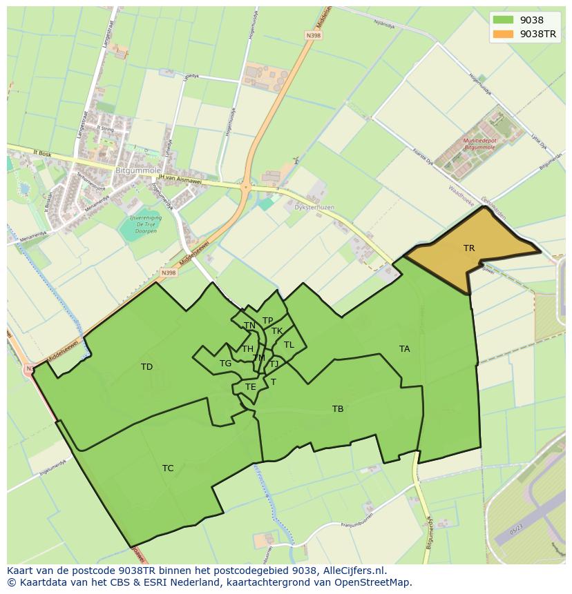 Afbeelding van het postcodegebied 9038 TR op de kaart.