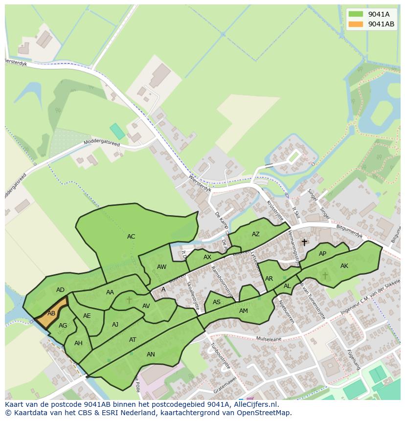 Afbeelding van het postcodegebied 9041 AB op de kaart.